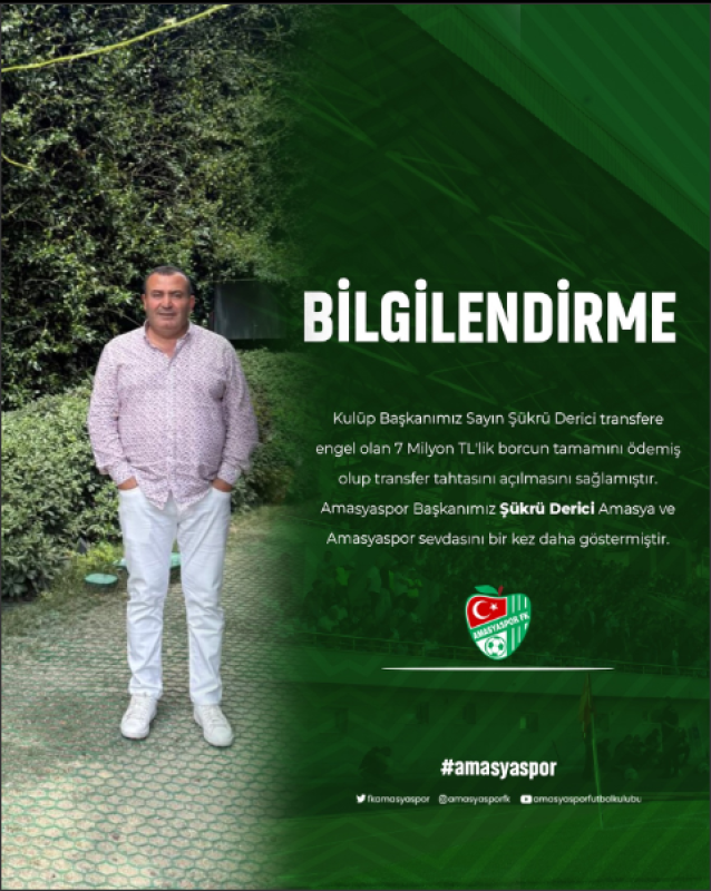 Kulüp Başkanımız Sayın Şükrü Derici transfere engel olan 7 Milyon TL’lik borcun tamamını ödedi!